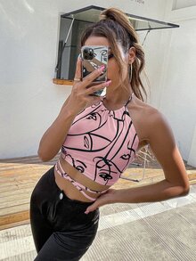 SHEIN Allurite 繫帶露背人像圖案繞頸上衣 - 粉色 - 查看 3