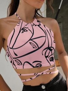 SHEIN Allurite 繫帶露背人像圖案繞頸上衣 - 粉色 - 查看 5