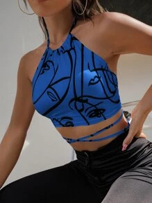 SHEIN Allurite Tie Backless Figure Graphic Halter Top - Blue - View 1