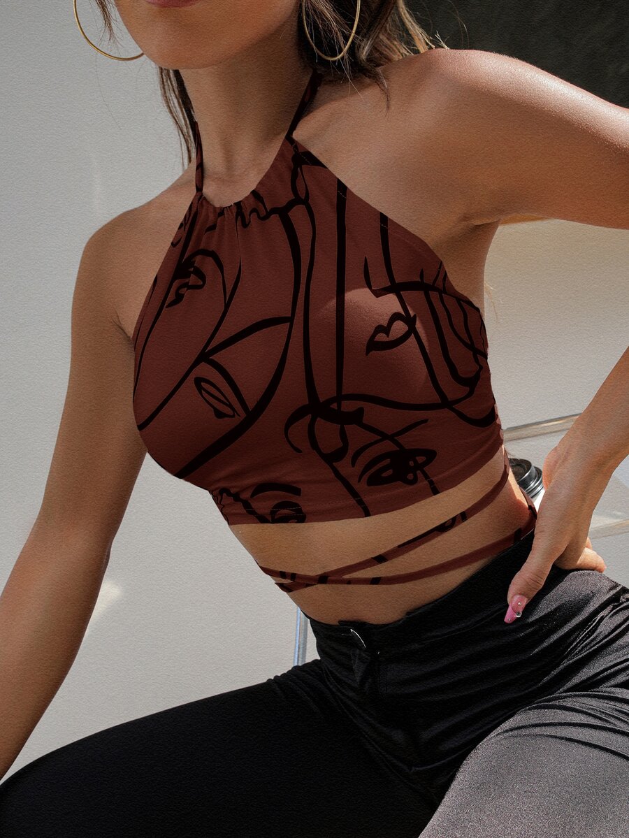 SHEIN Allurite Tie Backless Figure Graphic Halter Top - Chocolate Brown - View 1