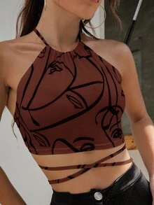 SHEIN Allurite Tie Backless Figure Graphic Halter Top - Chocolate Brown - View 5