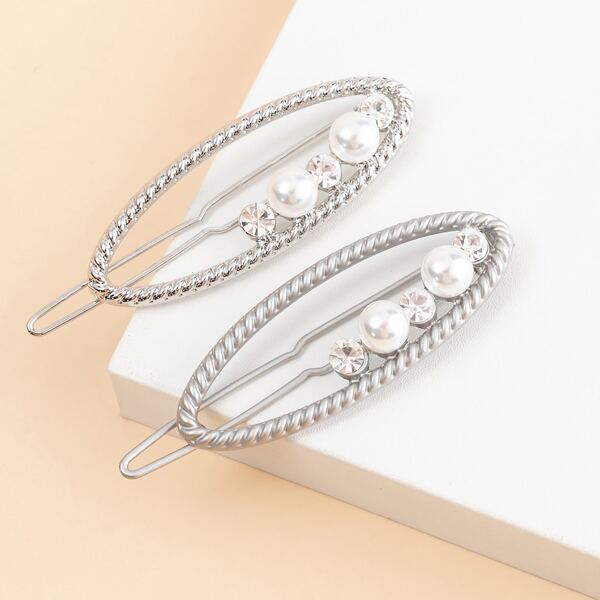 

2pcs Faux Pearl Decor Hair Clip, Silver