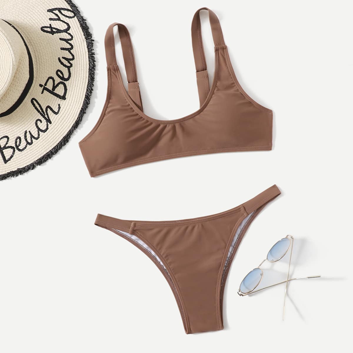 

Solid Tanga Bikini Swimsuit, Brown