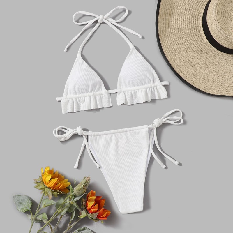 

Solid Ruffle Bikini Swimsuit, White