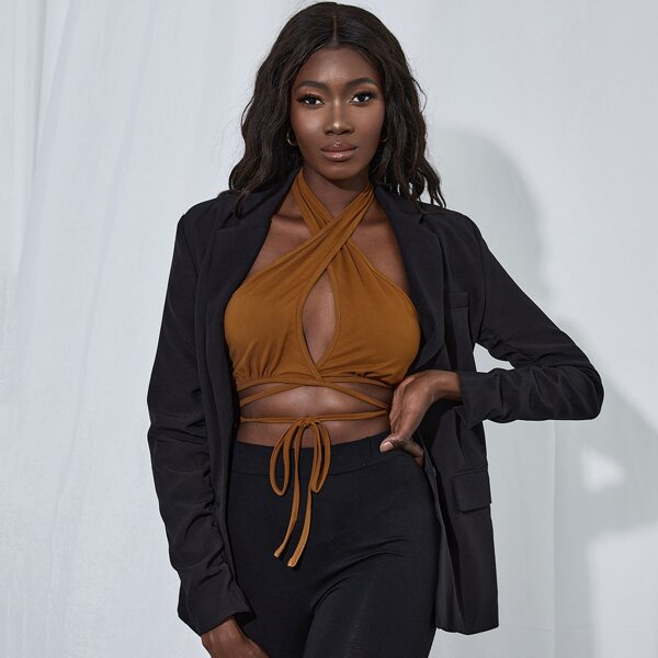 

Lace Up Waist Criss Cross Halter Top, Brown