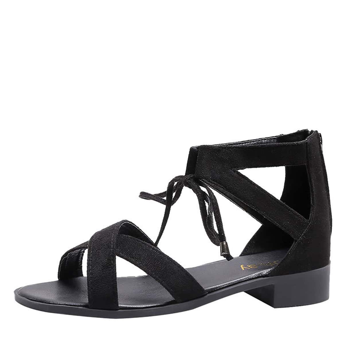 

Back Zipper Bow Knot Decor Flat Sandals, Black