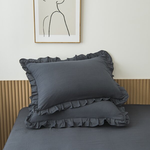 

1pair Plain Ruffle Pillowcase Without Filler, Dark grey