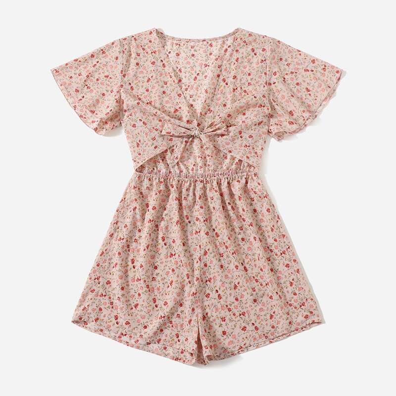 

Ditsy Floral Tie Front Cut Out Romper, Coral pink