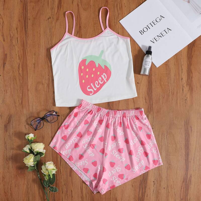 

Strawberry & Letter Graphic PJ Set, Multicolor