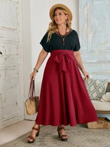 SHEIN Clasi Plus Solid Tie Front Skirt - Burgundy - View 3