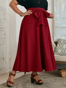 SHEIN Clasi Plus Solid Tie Front Skirt - Burgundy - View 5
