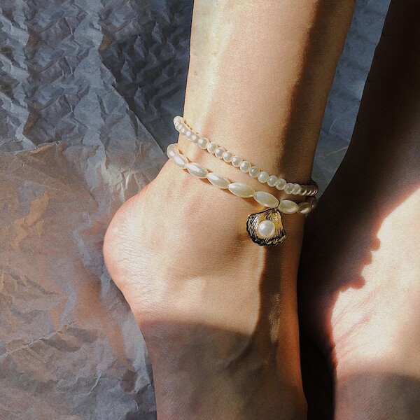 

2pcs Faux Pearl Beaded Anklet, White