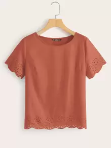 SHEIN LUNE Solid Laser Cut Scalloped Top - Rusty Rose - View 1