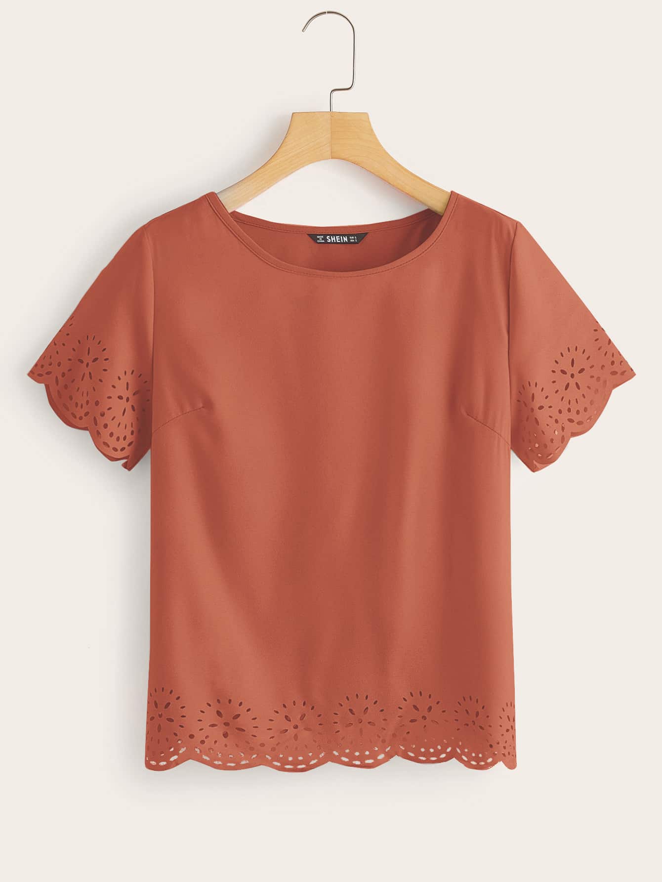 SHEIN LUNE Solid Laser Cut Scalloped Top - Rusty Rose - View 1