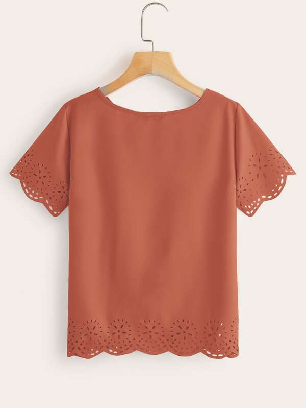 SHEIN LUNE Solid Laser Cut Scalloped Top SHEIN USA