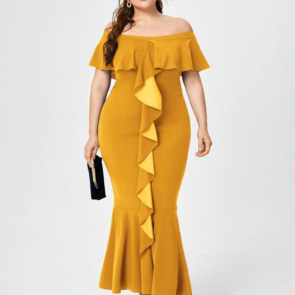 

Plus Solid Off Shoulder Mermaid Dress, Mustard yellow