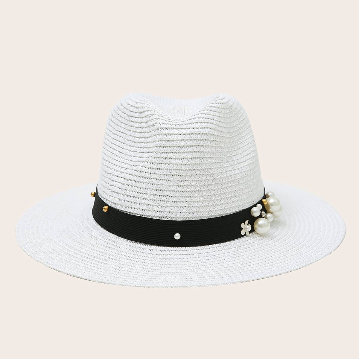 

Faux Pearl Decor Straw Hat, White