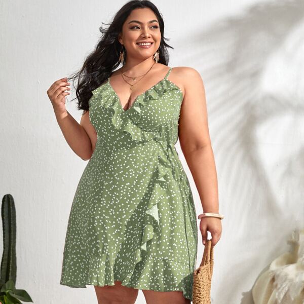 

Plus Allover Heart Print Tie Side Wrap Cami Dress, Lime green