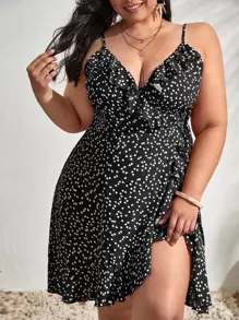 SHEIN Dreamara Đầm Plus Size Thắt nút Xù Viên lá sen Trọn gói Tim Tất cả trên in Boho - Đen và trắng - Xem 1