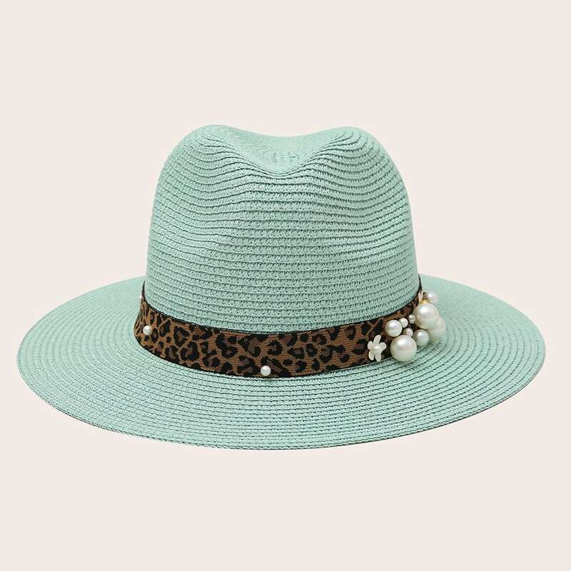 

Faux Pearl Decor Straw Hat, Baby blue