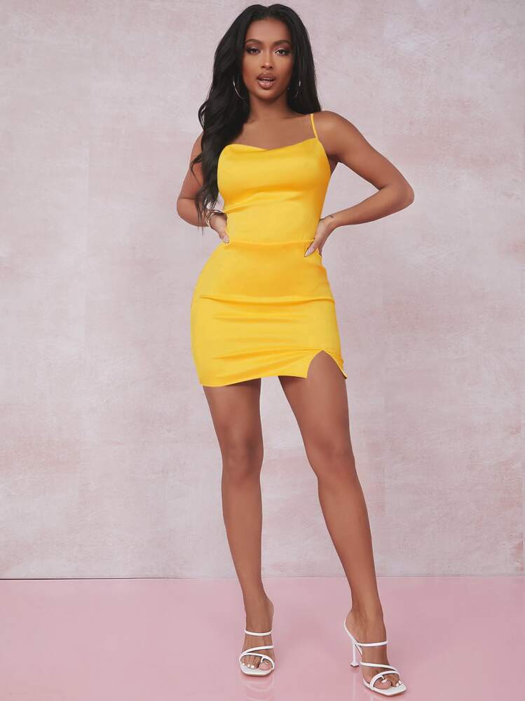 shein sxy split detail satin cami bodycon dress SHEIN SXY Split Detail Satin Cami Bodycon Dress