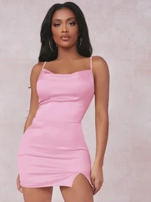 SHEIN SXY 開衩細節緞面吊帶包臀洋裝 - 淺粉色 - 查看 1