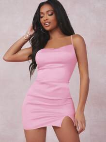 SHEIN SXY 開衩細節緞面吊帶包臀洋裝 - 淺粉色 - 查看 4