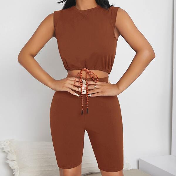 

Drawstring Hem Crop Tank Top & Biker Shorts Set, Brown