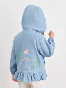 SHEIN Toddler Girls Dinosaur Embroidery Hooded Ruffle Hem Coat - Baby Blue - View 1