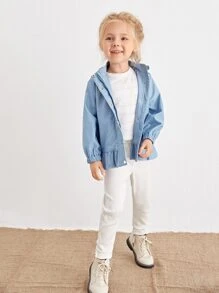 SHEIN Toddler Girls Dinosaur Embroidery Hooded Ruffle Hem Coat - Baby Blue - View 3