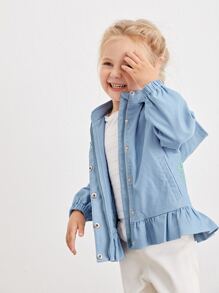 SHEIN Toddler Girls Dinosaur Embroidery Hooded Ruffle Hem Coat - Baby Blue - View 4