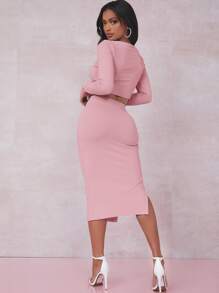 SHEIN SXY Solid Crop Tee & Split Thigh Skirt Set - Pink - View 2