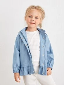 SHEIN Toddler Girls Dinosaur Embroidery Hooded Ruffle Hem Coat - Baby Blue - View 5