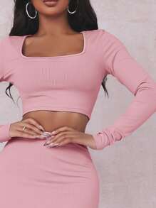 SHEIN SXY Solid Crop Tee & Split Thigh Skirt Set - Pink - View 3