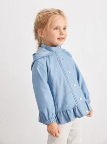 SHEIN Toddler Girls Dinosaur Embroidery Hooded Ruffle Hem Coat - Baby Blue - View 6