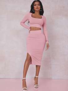 SHEIN SXY Solid Crop Tee & Split Thigh Skirt Set - Pink - View 4