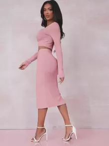 SHEIN SXY Solid Crop Tee & Split Thigh Skirt Set - Pink - View 5