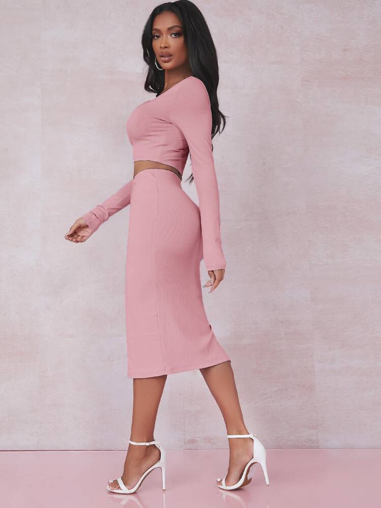 SHEIN SXY Solid Crop Tee & Split Thigh Skirt Set - Pink - View 5