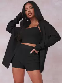 SHEIN SXY Rib-knit Crop Cami Top With Coat & Shorts Set - Black - View 1