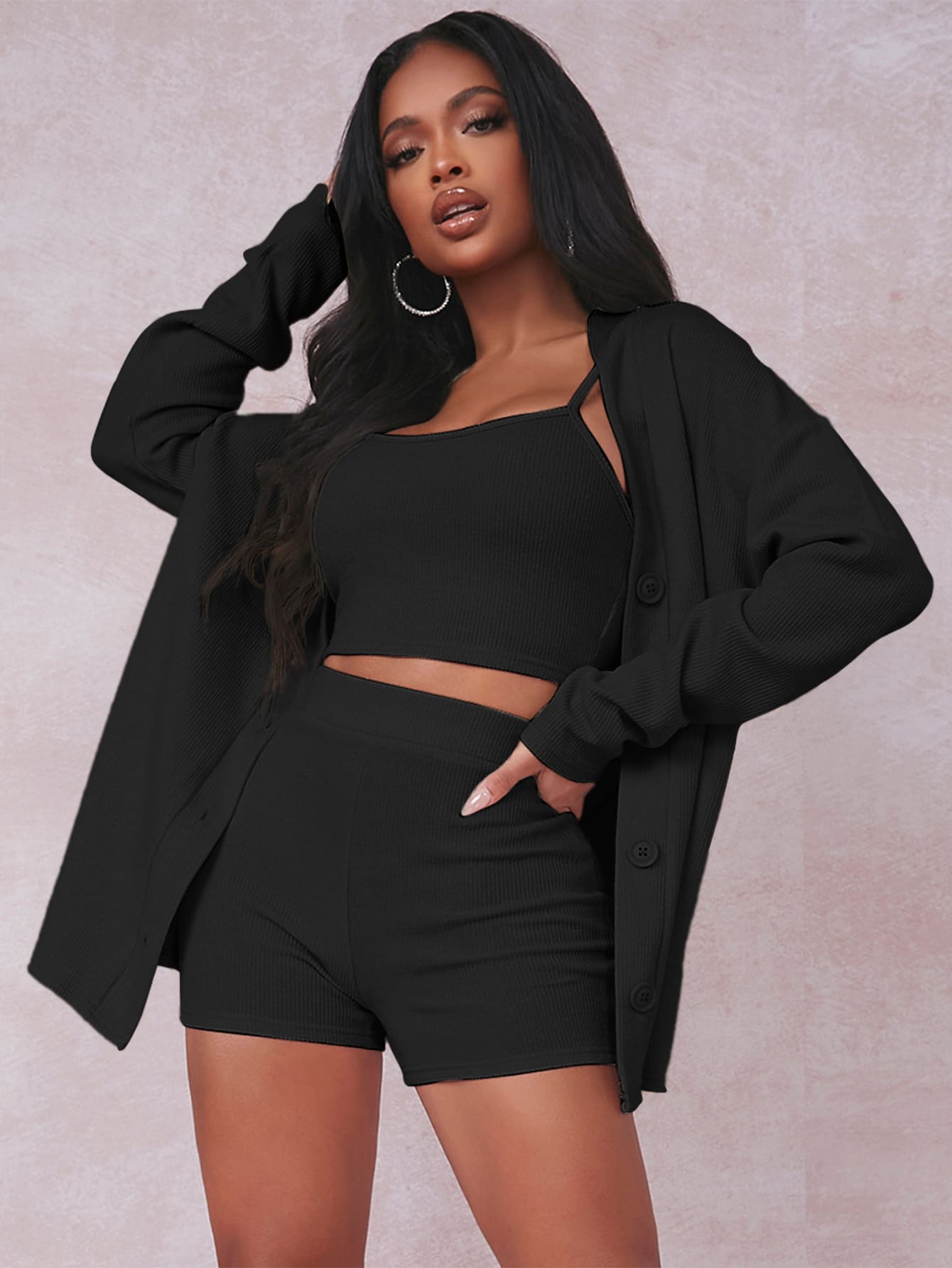 SHEIN SXY Rib-knit Crop Cami Top With Coat & Shorts Set - Black - View 1
