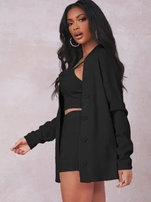SHEIN SXY Rib-knit Crop Cami Top With Coat & Shorts Set - Black - View 3
