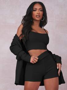 SHEIN SXY Rib-knit Crop Cami Top With Coat & Shorts Set - Black - View 4