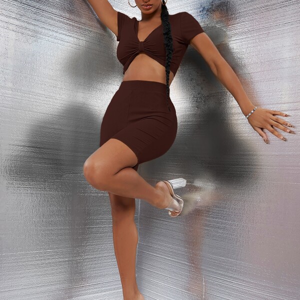 

Ruched Rib-knit Tee & Biker Shorts Set, Chocolate brown