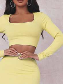 SHEIN SXY Conjunto camiseta corta unicolor con falda de muslo con abertura - Amarillo - Ver 3