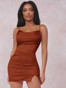 SHEIN SXY Dress Split Plain Seksi - Rust Brown - View 1