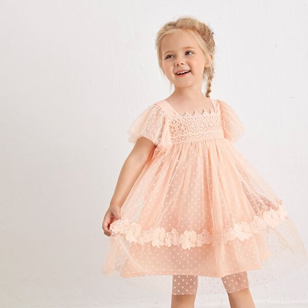 

Toddler Girls Ruffle Armhole Lace Detail Dobby Mesh Dress, Coral pink
