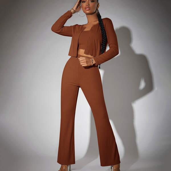 

Button Front Top With Camisole & Flare Leg Pants Set, Brown