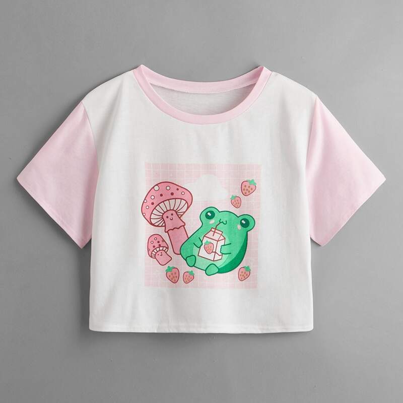 

Cartoon Frog & Mushroom Graphic Crop Tee, Multicolor