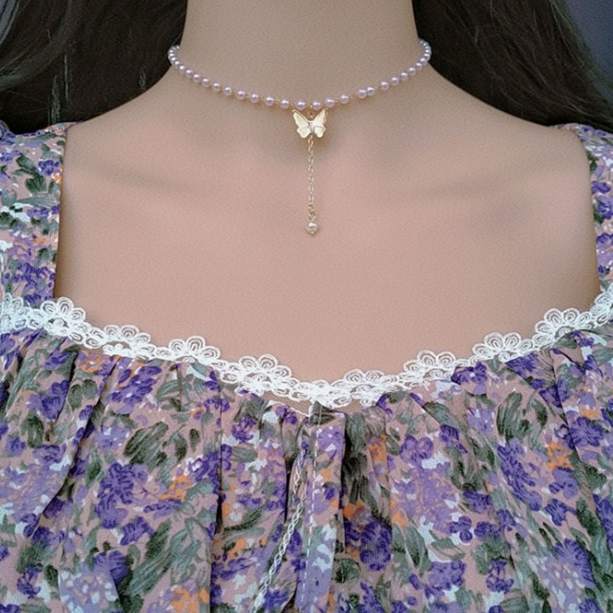 

Butterfly Charm Faux Pearl Necklace, Gold