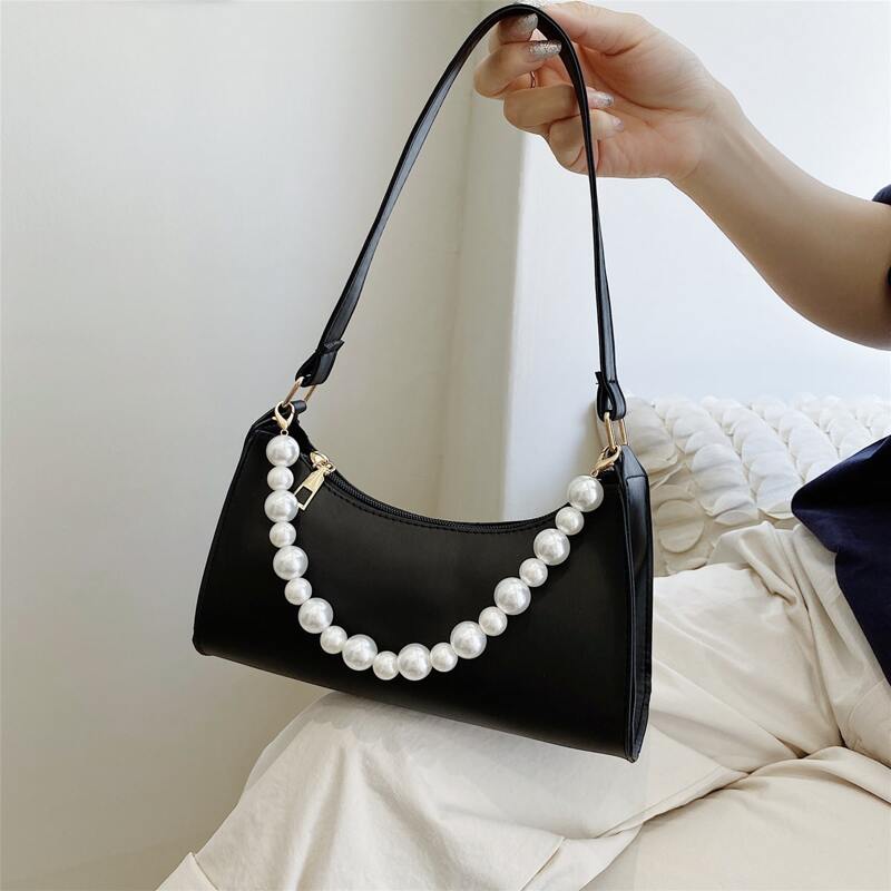 

Faux Pearl Decor Shoulder Bag, Black